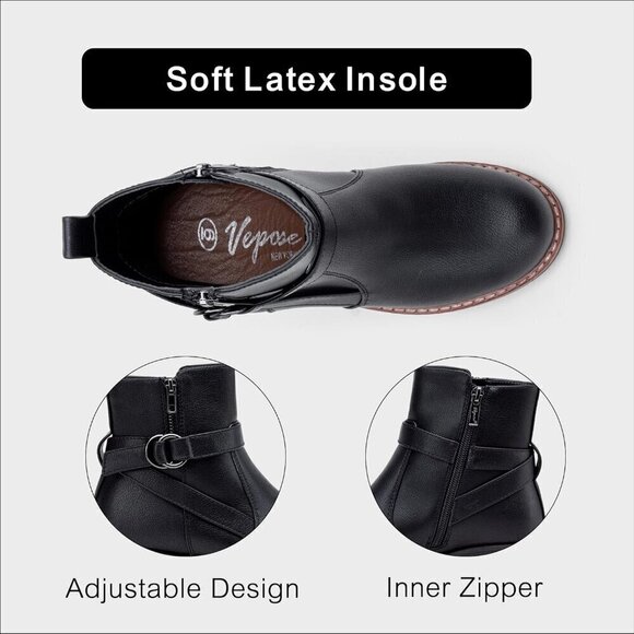 Women's 9682 Black Ankle Flat Boots Buckle Short Booties for Women's - Picture 4 of 7